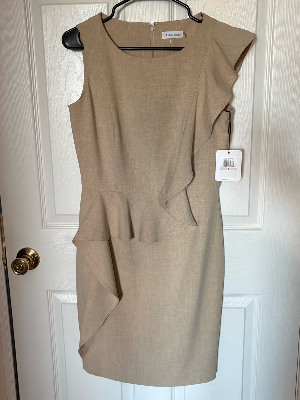 Calvin Klein Beige One-Shoulder Ruffle Sheath Dress